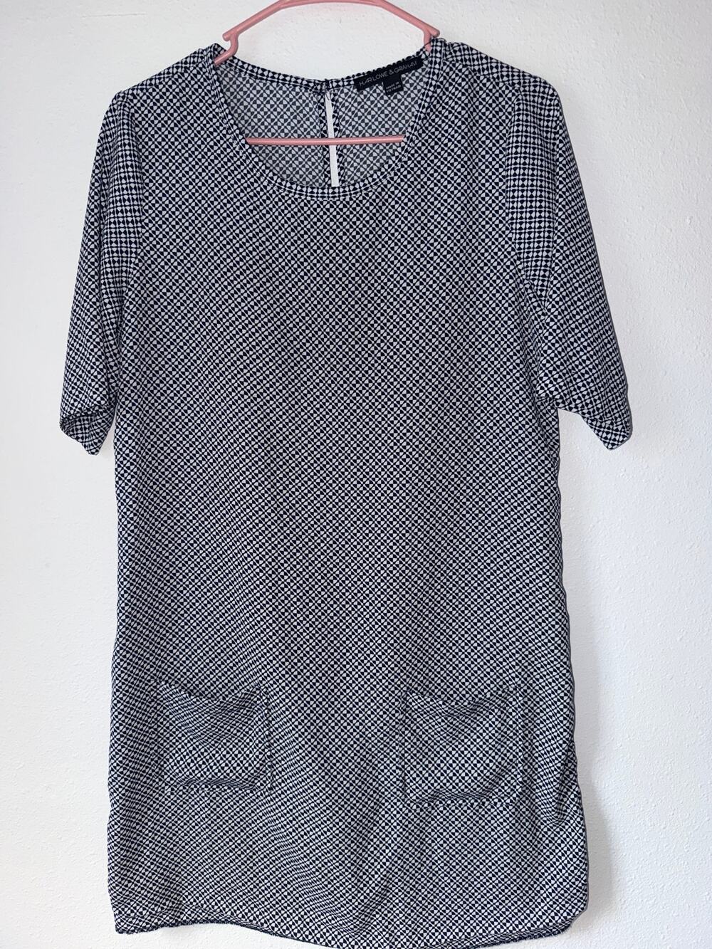 Harlowe & Graham Black White Print Short Sleeve Mini Dress with Pockets Sz Small